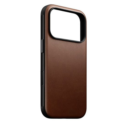 Vue de face de la coque en cuir marron pour iPhone 17 Pro
