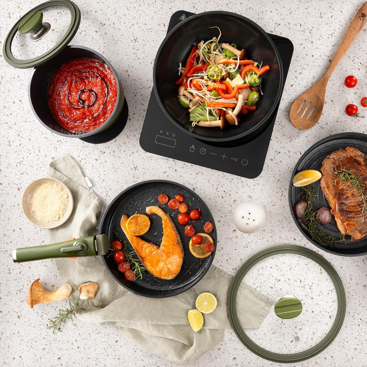MASTERPRO Batterie de cuisine antiadhésive SHARE PLAY 10 pièces vert