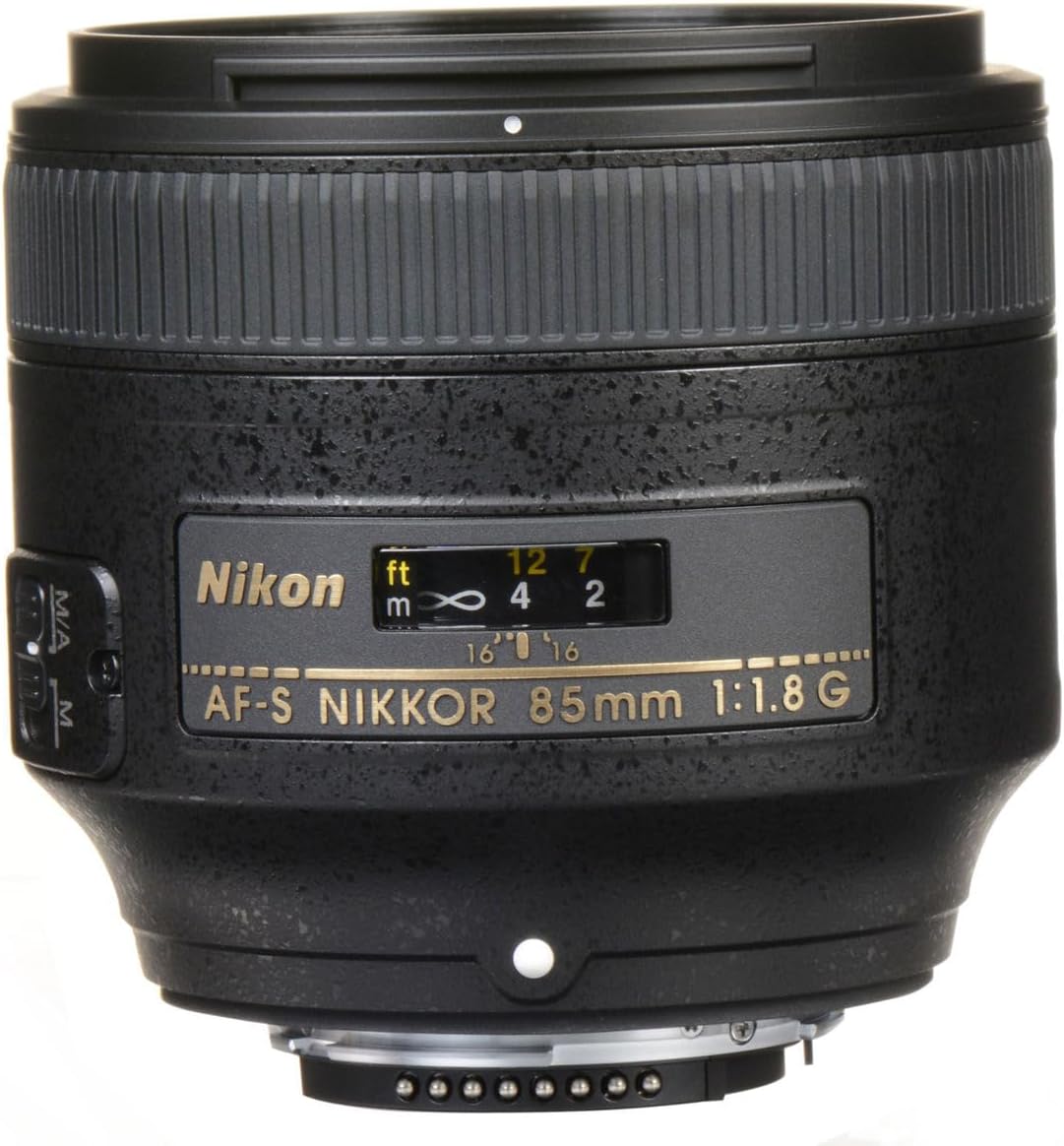 Vue de profil de l'objectif Nikon Nikkor AF-S 85mm f/1.8G montrant sa monture Nikon F
