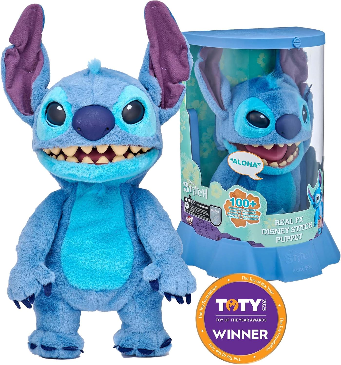 Peluche animatronique Stitch RealFX Disney 45 cm vue de face avec expression réaliste et détails soignés