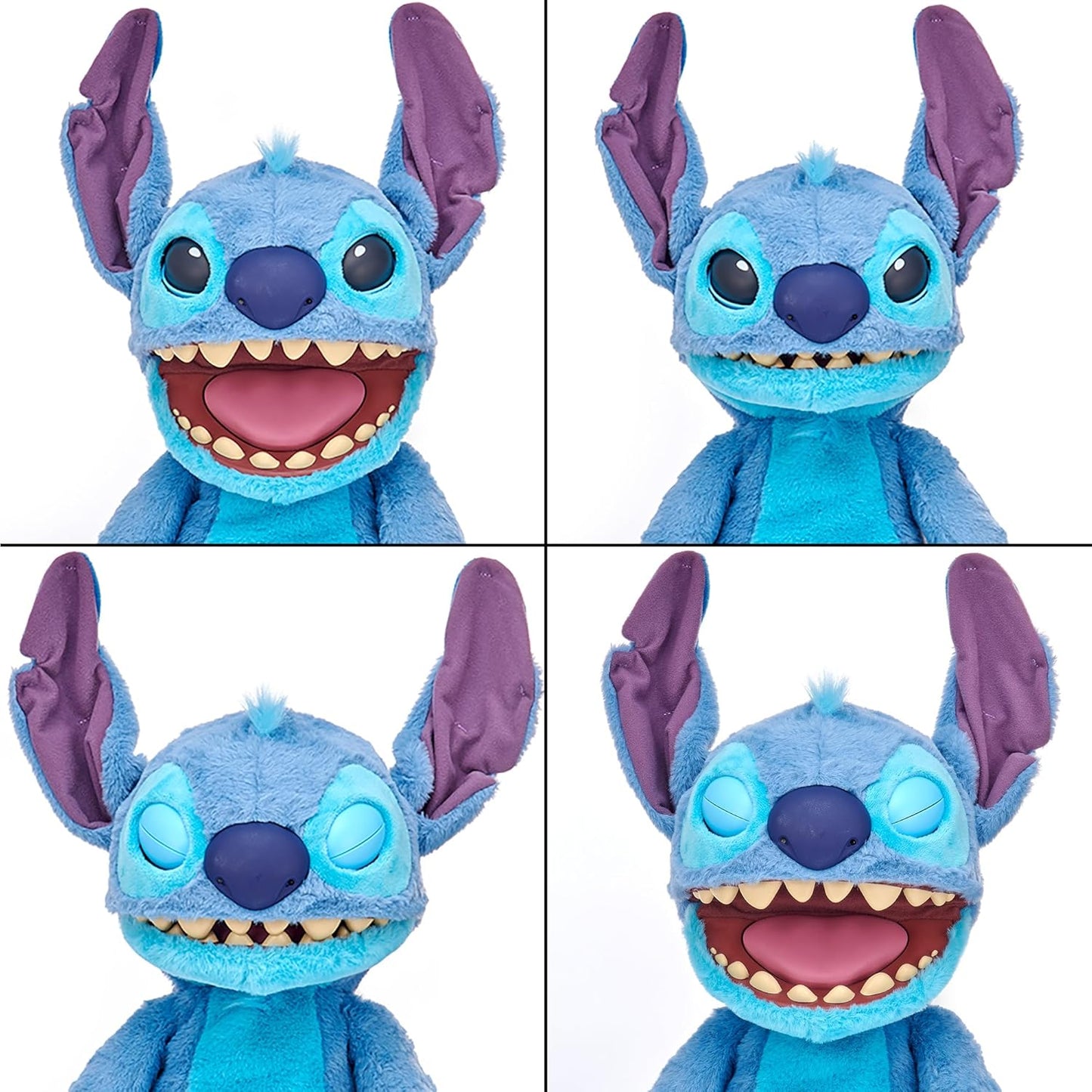 Peluche Stitch animatronique RealFX 45 cm avec zoom sur les oreilles mobiles et la tête articulée montrant les détails réalistes